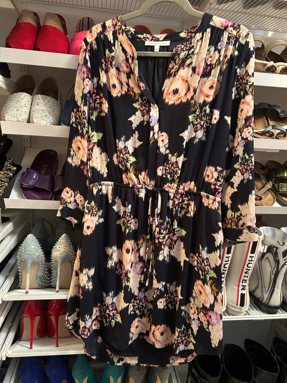 Daniel Rainn Navy Floral 3/4 Sleeve Tie-Waist Dress